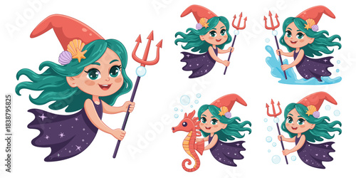 Cute little ocean princess or mythical sea witch character smiling cheerfully in various poses, holding a trident staff and hugging a seahorse, a whimsical vibrant vector illustration perfect for mari