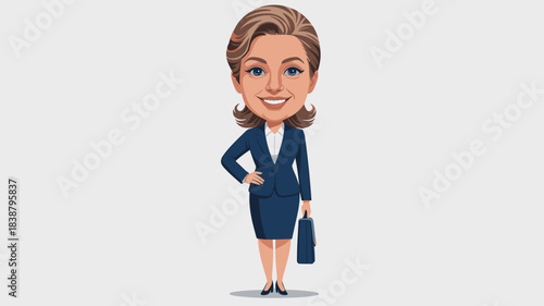 Highly stylized vector illustration of a confident professional businesswoman, corporate executive manager in a sharp blue suit holding an attache case, posing successfully for business presentation g