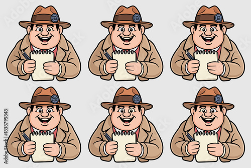 Cheerful, friendly smiling cartoon reporter or journalist mascot illustration holding a pen and spiral notepad, ready to document notes for investigation, informational graphics, or news media marketi