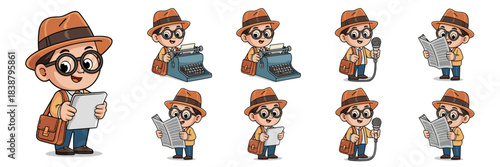 Happy chibi journalist reporter character collection demonstrating the news gathering process, using a vintage typewriter, modern tablet, and microphone, representing editorial publication, communicat