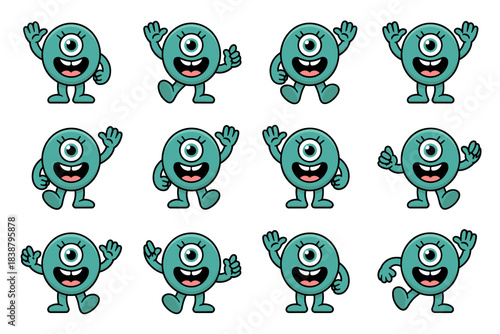 Collection of 12 cute friendly cyclops monster characters in happy poses, perfect vector graphic illustration set for app design, UI/UX, website icons, business marketing, educational materials, and f