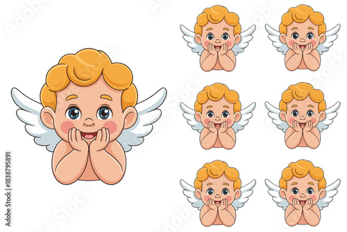 Adorable vector cartoon illustration of a sweet smiling baby angel, or mythological cupid cherub, with bright blonde hair and white feathered wings, posing innocently with hands tucked under the chin,