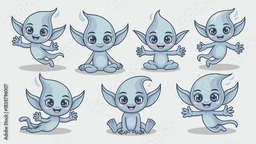 Adorable blue water droplet sprite character vector illustration collection set featuring seven cute cartoon mascots floating, sitting, and waving, perfect for environmental conservation, pure aqua ad