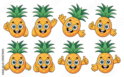 A collection of eight cute cartoon pineapple characters showing approval and positive emotions, including thumbs up and happy waving poses, set against a white background; perfect vector illustration