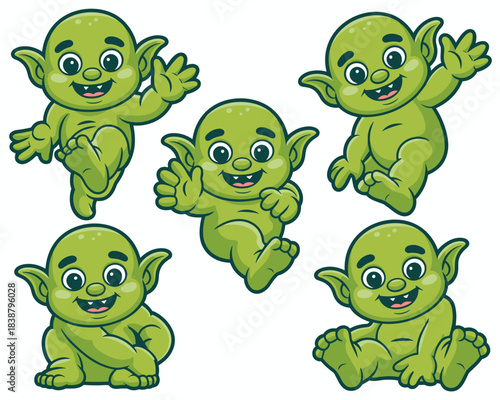 Collection of five adorable baby green cartoon goblins and trolls fantasy creatures, showing playful mythical characters jumping, sitting, waving, and smiling happily, useful vector illustration set f