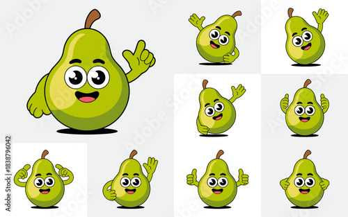 Friendly green pear fruit cartoon character mascot collection gesturing thumbs up, waving, and pointing, isolated digital 2D vector graphic illustration set for happy healthy food promotion, website m