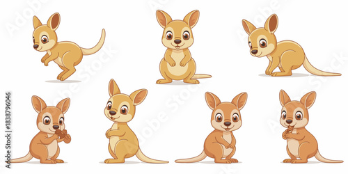Adorable baby kangaroo joey cartoon character vector illustration set displaying seven different happy poses including jumping, standing, smiling, and crouching, perfect wildlife template graphics for