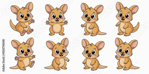 Set of eight adorable Australian baby kangaroos (joeys) smiling and posing in various joyful and playful standing, jumping, and waving positions, a cute cheerful isolated vector pattern illustration p