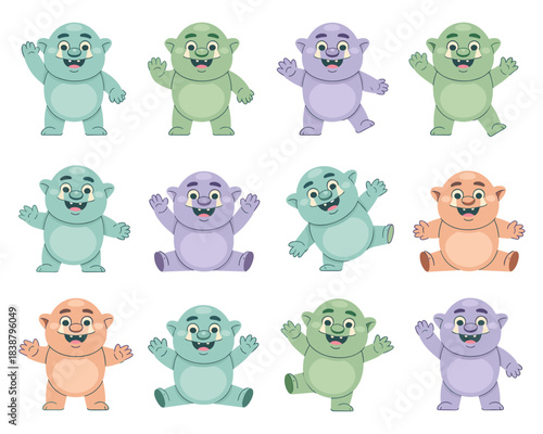 Friendly smiling baby monsters and adorable cartoon troll goblin characters posing, standing, waving, and dancing in a cheerful, whimsical collection of cute digital assets isolated on a white backgro