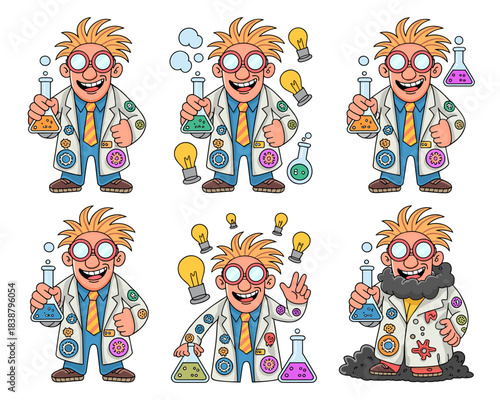 Dynamic cheerful cartoon mad scientist professor character holding chemical beakers and having breakthrough innovative ideas during laboratory experimentation and educational research vector illustrat