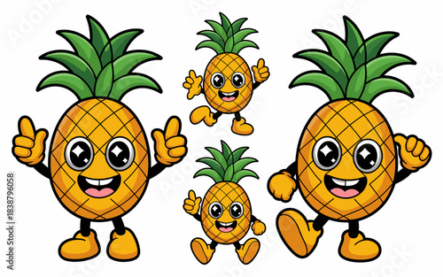 Cheerful, friendly pineapple character cartoon mascot collection vector illustration set featuring various happy poses, running, sitting, and giving positive thumbs up signs, ideal for summer tropical
