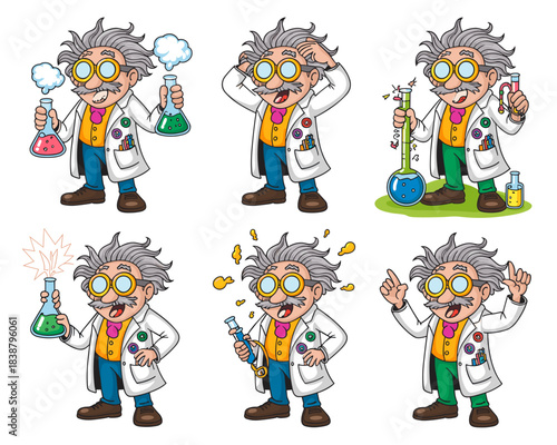 Eccentric cartoon scientist researcher professor character set illustrating chemistry experiments, volatile reactions, discovery, learning, innovation, and educational concepts of scientific trial and