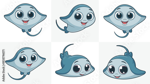 Adorable blue cartoon baby manta ray characters swimming happily with big innocent eyes and friendly smiles, perfect vector illustration set for children's aquatic educational apps, playful marine lif