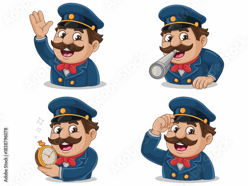 Friendly mustachioed conductor or ship captain mascot vector illustration collection demonstrating customer service, punctuality, time, greeting, communication, announcement, and commanding actions fo