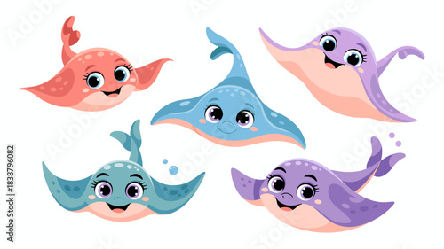 Adorable cartoon manta ray and playful stingray vector illustration set of five cute colorful baby sea creatures swimming happily, isolated graphic resource for children's design, education, and nauti