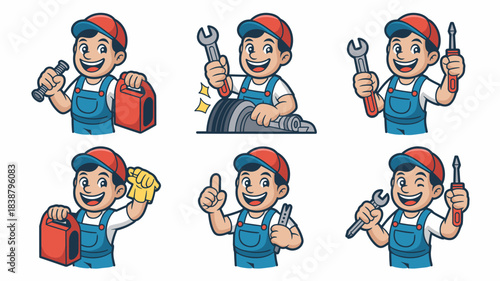 Professional cheerful mechanic technician mascot vector illustration set providing reliable automotive repair and maintenance service, holding wrench, screwdriver, and oil can, perfect for business we
