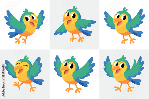 Six joyful cartoon parrot mascot characters in various poses flying, running, and smiling, featuring bright blue, green, and yellow tropical bird vector illustrations perfect for educational materials