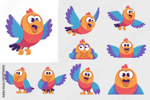 A colorful, cute, cartoon tropical bird character mascot set featuring vibrant vector illustrations of the funny parrot flying, standing, and waving with happy, energetic expressions for children's ed