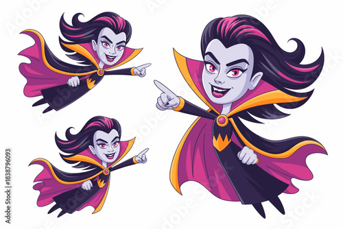 Cute cartoon vampire vampiress character mascot pointing and flying, wearing a flowing black and magenta purple cape with orange lining, spooky fun vector illustration on white background for seasonal