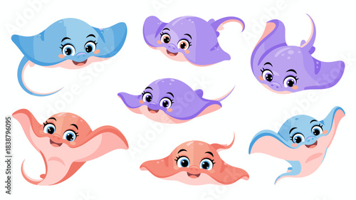 A happy collection of seven cute cartoon purple, blue, and coral manta rays and smiling stingray characters, adorable aquatic ocean marine animals swimming cheerfully, a playful vector illustration se