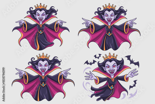 Cartoon vampire countess mascot character set featuring four spooky poses, menacingly smiling with fangs, wearing a regal purple cape and golden crown, perfect vector sticker collection for dark fanta