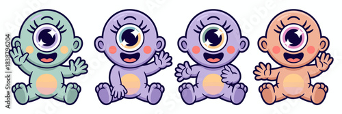 Adorable group of four pastel cyclops baby monsters sitting, happily smiling and waving, featuring friendly lavender, mint green, and peach alien infants in a vibrant vector cartoon illustration perfe