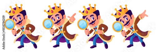 Smiling cartoon royal detective king character holding a large magnifying glass while actively searching, investigating, and pointing forward, flat vector illustration depicting business expertise, di
