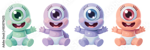 Adorable baby cartoon cyclops monsters group illustration sitting happily and waving hello, featuring diverse pastel colors like mint green, purple, lavender, and peach, perfect vector art for childre
