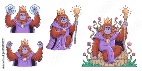 Cute cartoon orangutan wizard king set, wearing a royal purple cape and golden crown, casting a magic spell or seated on a rustic jungle throne holding a shining staff, perfect monarch mascot characte