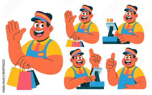 Friendly, smiling retail worker, store clerk, and cashier vector illustration collection showcasing professional customer service, cheerful greeting, holding shopping bags, checkout purchase, and effe