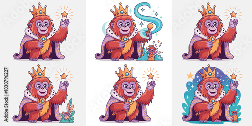 Cute cartoon orangutan king wearing a royal crown and regal purple cloak, holding a magic scepter and reaching for a glowing golden star, a cheerful mascot illustration for children's fairy tale books