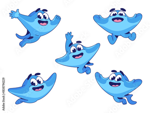 Collection of five cute blue stingray cartoon characters swimming, flying, and posing happily, perfect vector illustration graphics for cheerful marine life branding, kids educational content, marketi