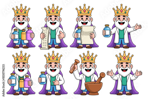 Cute royal chemist King character collection illustrating healthcare expertise, compounding drugs, dispensing pharmaceuticals, and holding medical prescription scrolls and medicine bottles, ideal vect