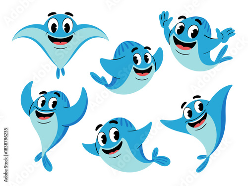 Cheerful cartoon blue manta ray and friendly marine animals character set swimming happily, isolated vector illustration perfect for kids' education, ocean life marketing, playful mascot graphic desig