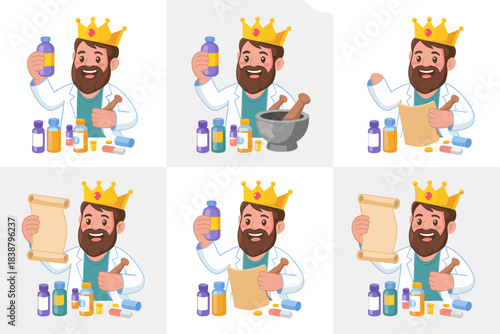 Professional cartoon pharmacist king standing confidently with various medicine bottles, compounding drugs with a traditional mortar and pestle, reviewing important prescription documents, symbolizing