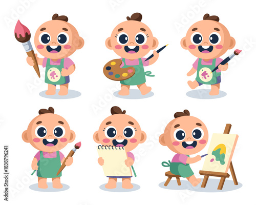 A cute little baby artist character set showing various creative learning poses, including joyful toddler illustration painting on an easel, holding a paintbrush, palette, sketchpad, and drawing, perf