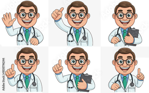 Happy cartoon male doctor character illustration set wearing a white lab coat and stethoscope, displaying various expressive professional gestures like greeting, giving thumbs up, pointing, and holdin