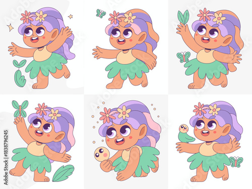 Whimsical magical fairy girl sticker collection set showcasing a joyful nature sprite exploring, dancing, and interacting with plants, cute bird, and tiny butterfly friends, perfect for childhood fant