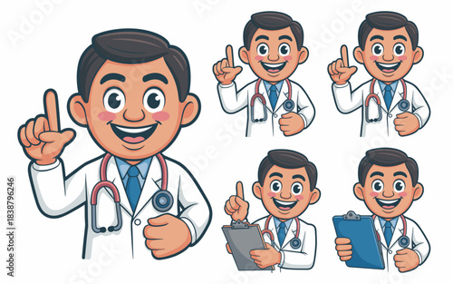 Friendly cartoon male doctor physician mascot character smiling cheerfully, pointing up to give medical advice, showing expert healthcare information or consultation notes on a blue clipboard for pres