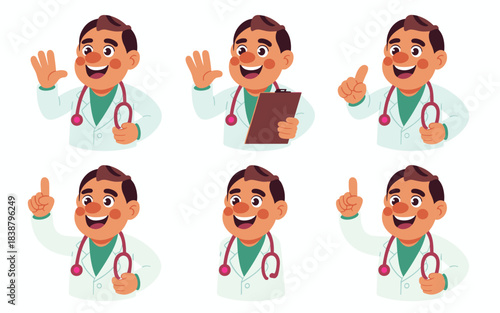 Cheerful male doctor avatar collection: friendly physician in a white lab coat and stethoscope offering medical consultation, giving advice, waving hello, and holding a clipboard, perfect modern vecto
