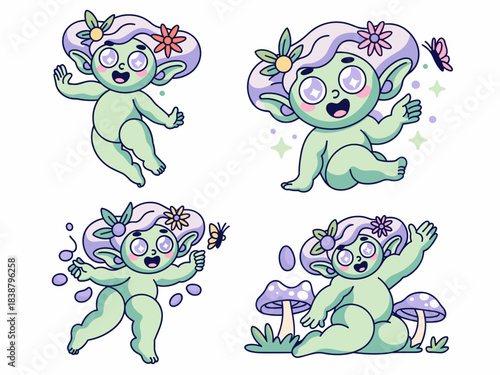 Cute cartoon baby nature sprites vector sticker pack featuring plump, whimsical, mythical elf characters playing joyfully in a magical forest setting with purple mushrooms, perfect graphic illustratio