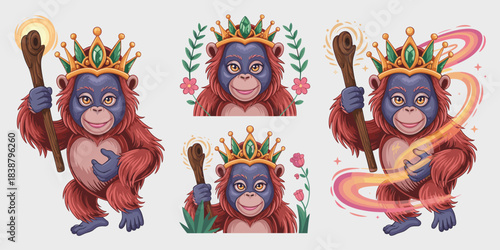 Adorable baby orangutan monarch wearing a magnificent royal golden crown adorned with emerald green gemstones and holding a powerful magic wizard staff, creating swirling mystical rainbow energy, idea