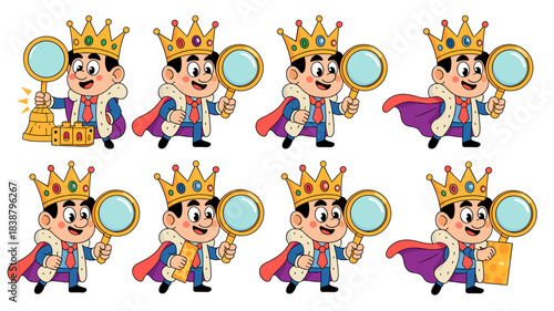 Cartoon king executive walking happily, wearing a golden crown and velvet robe, holding a magnifying glass for detailed searching and strategy; a successful leader making an important discovery or fin