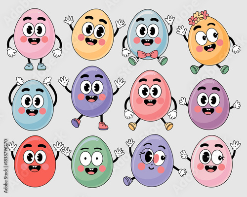 Adorable funny vibrant cartoon Easter egg characters set waving with happy smiles, a full collection of colorful diverse holiday eggs in vintage 1930s rubber hose animation style perfect for spring ma