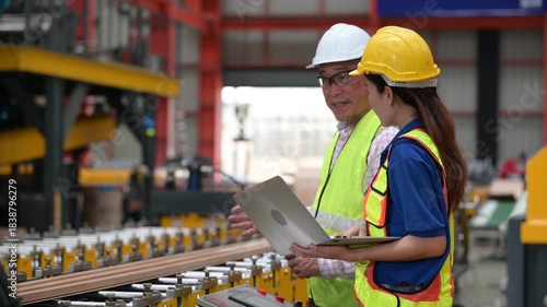 Senior Asian male supervisor pointing to train female worker on machinery in metal sheet factory. Industrial engineering mentorship, safety gear and manufacturing teamwork concept.