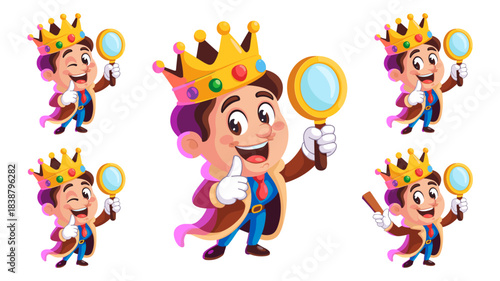 Cheerful royal mascot character, the King detective, holding a large golden search magnifying glass and displaying a winning thumbs up, representing successful quality control, detailed review, precis
