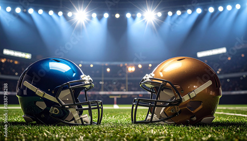 American football helmets facing each other on football field with stadium lights. Sports background
