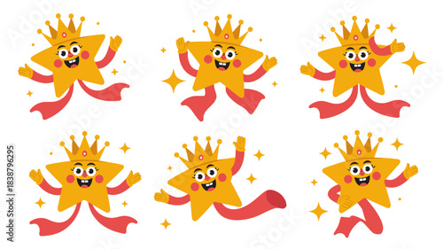 Collection of six cute, cheerful cartoon star character mascot vectors wearing golden crowns and flowing red ribbons, jumping and dancing to symbolize success, achievement, rating, and excellent quali