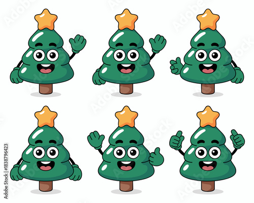 Cartoon Christmas tree mascot character vector illustration collection set performing various happy actions like waving, giving thumbs up, and smiling, perfect for seasonal holiday greeting cards, dig