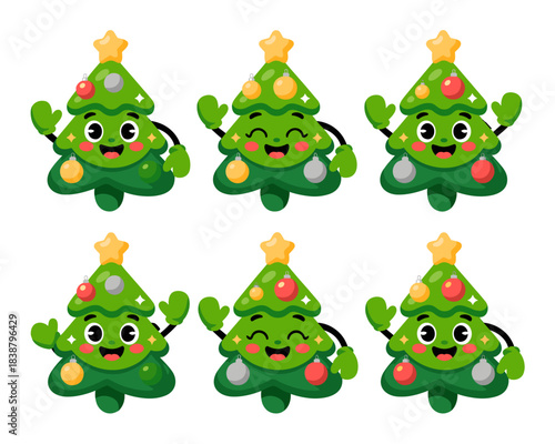 Cute vector illustration set of six happy kawaii Christmas tree mascots with bright ornaments and a star topper, smiling and waving cheerfully, perfect for seasonal advertising, marketing, greeting ca
